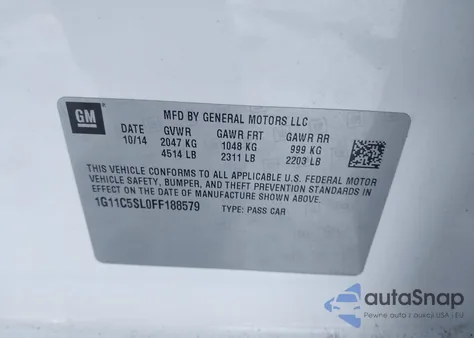 2015 Chevrolet Malibu 1Lt из США, поврежденный, VIN 1G11C5SL0FF188579